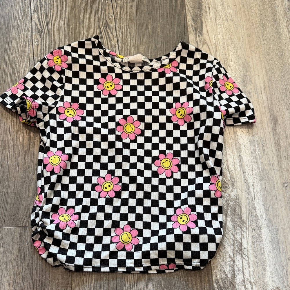 Dream Girl Kids Black & White Checkered Tee with Pink Smiley Flowers